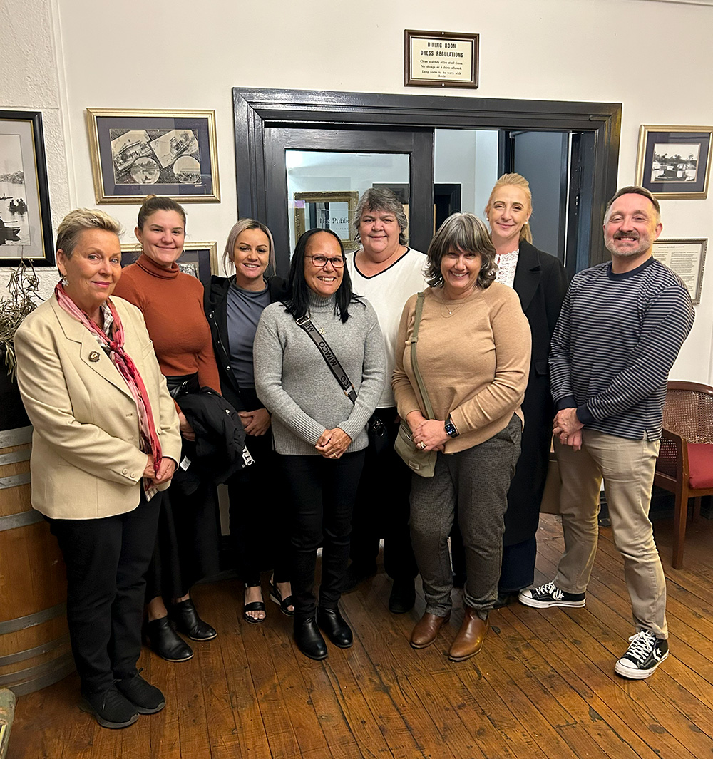 L-R: Anne-Marie Mioche, CEO, CCWF, Kate Pargeter, Service Operations, Maranguka, Sheena Olsen, Backbone Operations, Maranguka, Karleen Middleton, Senior Backbone Project Officer, Maranguka, Jane Kemp, Director of Cultural Engagement, CCWF, Kate Gibson, Deputy CEO, CCWF, Jackie Brady, FRSA, Andrew Smith, NSW/ACT State Manager, DSS